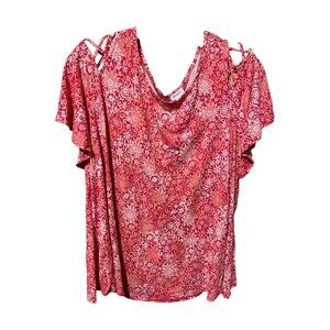 Westport Pink Coral White floral Print Cold Shoulder Woven Pattern Scope Neck  S